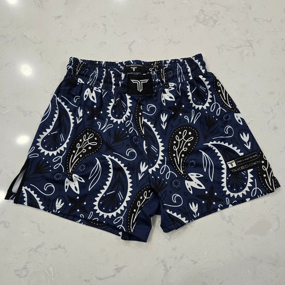 Takedown MMA Training Shorts Mens XL Blue Paisley Bandana BJJ Grappling Gym Gym
